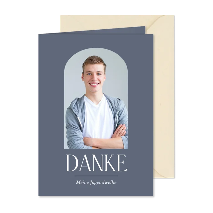 Dankeskarte Jugendweihe blau Foto in Bogenfenster