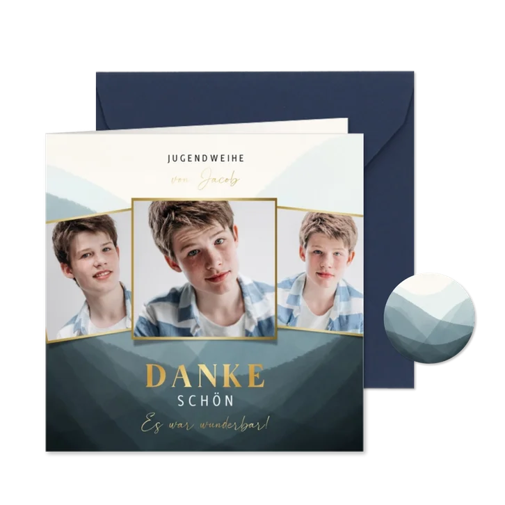 Dankeskarte Jugendweihe blau, Fotos & Gold