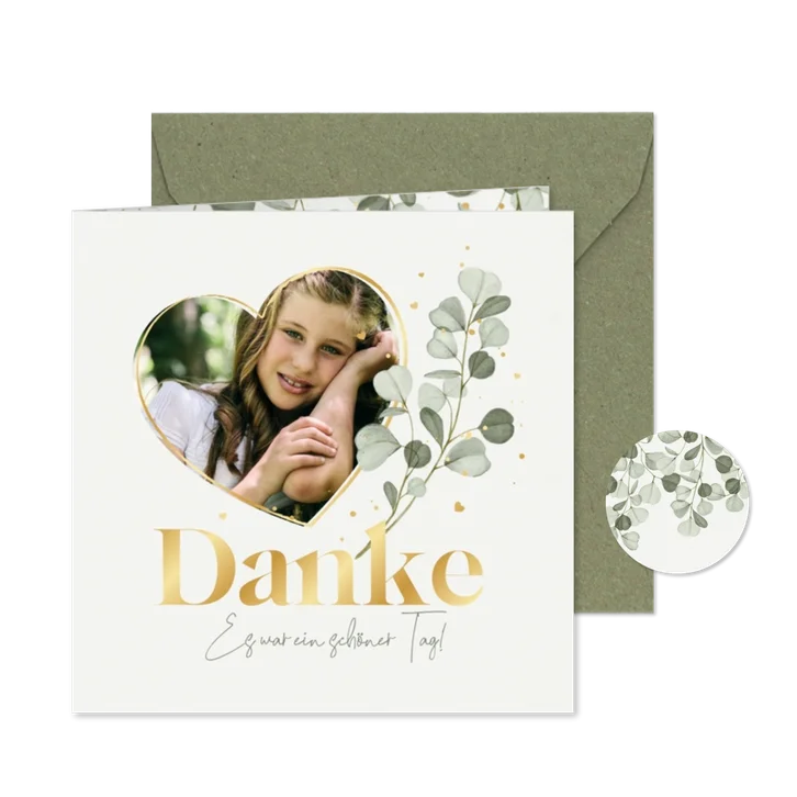 Dankeskarte Kommunion Herzfoto, Eukalyptus & Golddruck