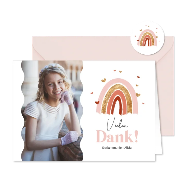 Dankeskarte Kommunion Regenbogen rosa & Foto
