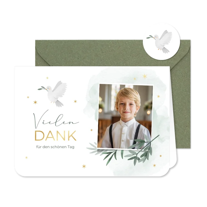 Dankeskarte Kommunion Taube, Zweig und Foto