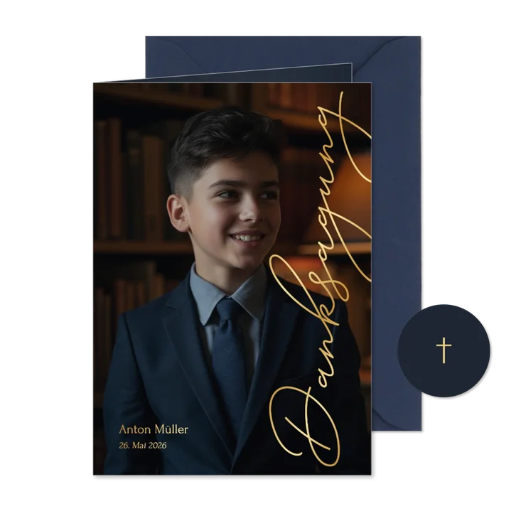 Dankeskarte Konfirmation großes Foto goldener Schriftzug