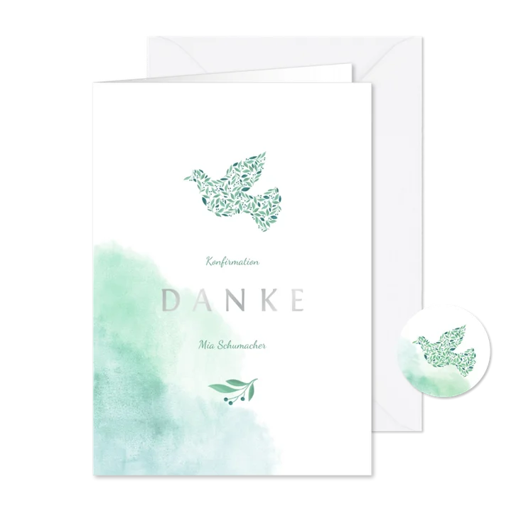 Dankeskarte Konfirmation Taube und Wasserfarbe Foto innen