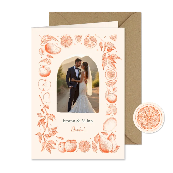 Dankeskarte mit Foto Sommerhochzeit Früchte Linienzeichnung