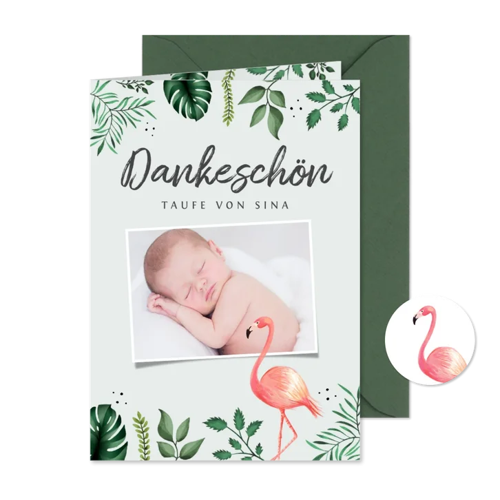 Dankeskarte Taufe Foto, Flamingos und Blätter