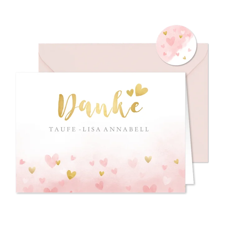 Dankeskarte Taufe mit Herzen auf Aquarell