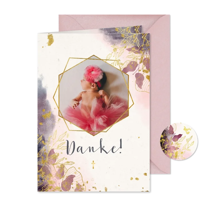 Dankeskarte Taufe Watercolour rosa botanisch