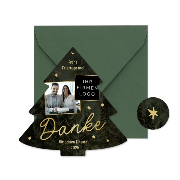 Dankeskarte Weihnachtsbaum Sterne Foto und Logo 