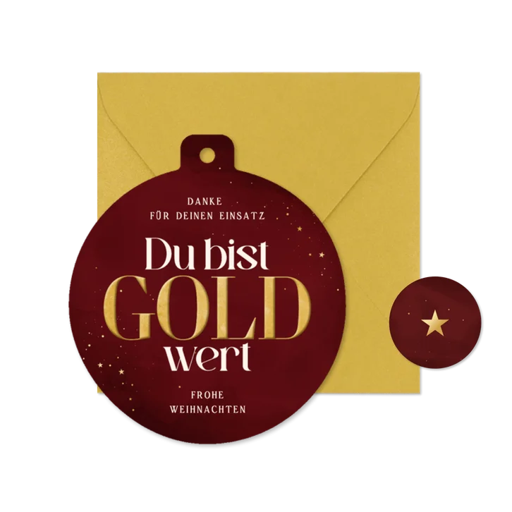 Dankeskarte Weihnachtskugel rot 'Du bist Gold wert'