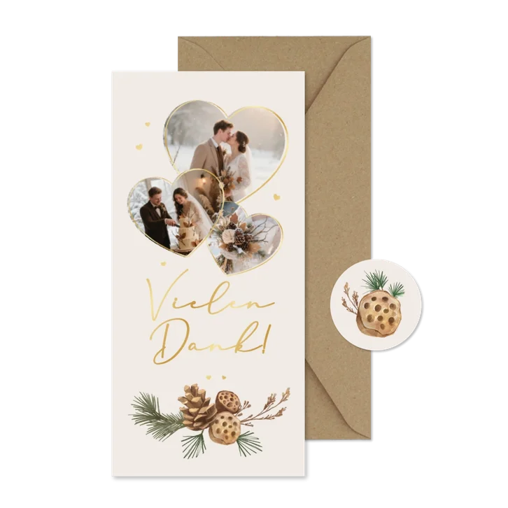 Dankeskarte Winterhochzeit Fotocollage Herzen Tannenzweige