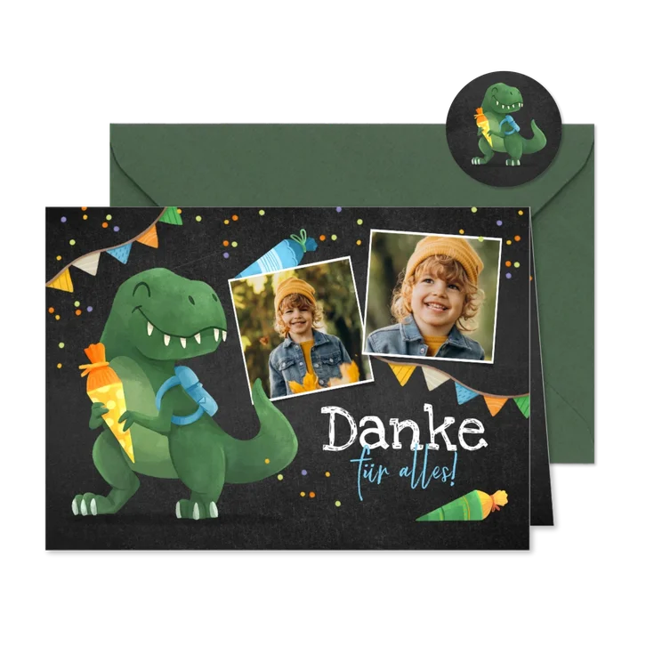 Dankeskarte zur Einschulung lustiger T-Rex & Schultüte