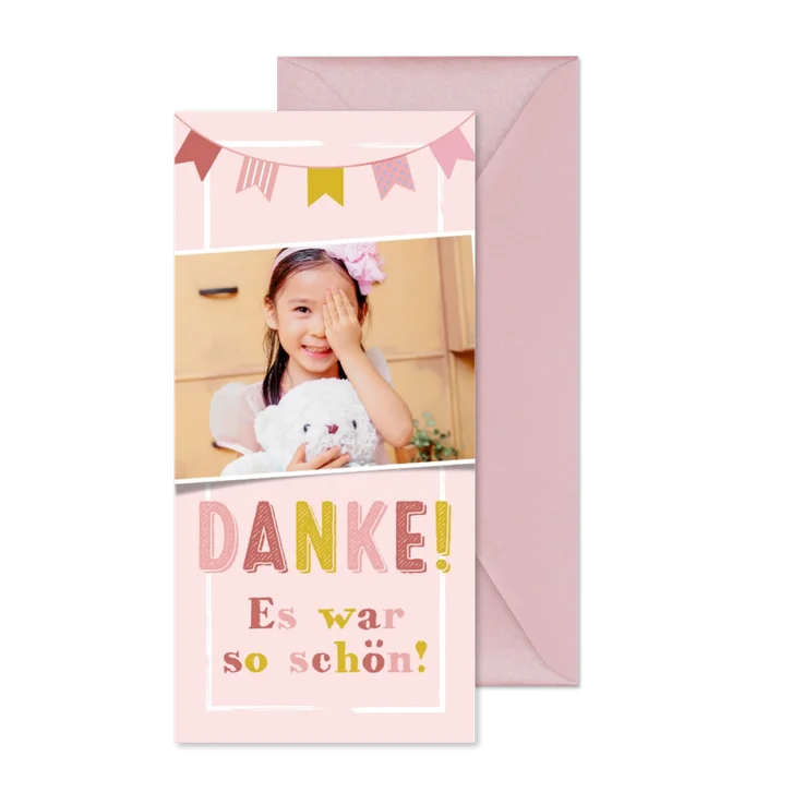 Dankeskarte zur Einschulung mit rosa Wimpelkette