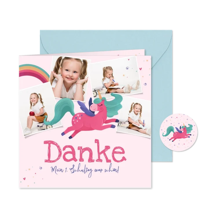 Dankeskarte zur Einschulung Regenbogen & Einhorn