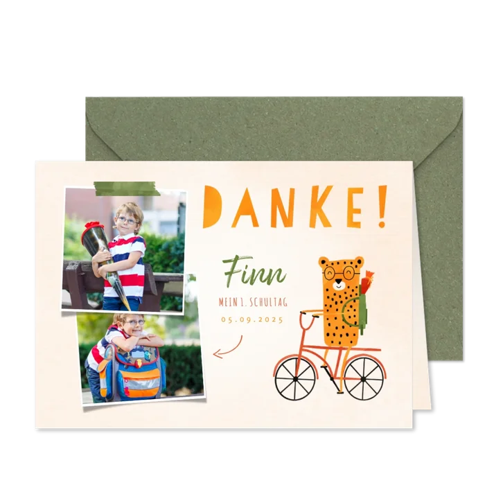 Dankeskarte zur Einschulung rotes Rad mit Leopard