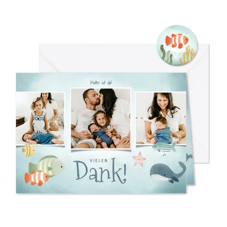 Dankeskarte zur Geburt Fotocollage blaue Unterwasserwelt