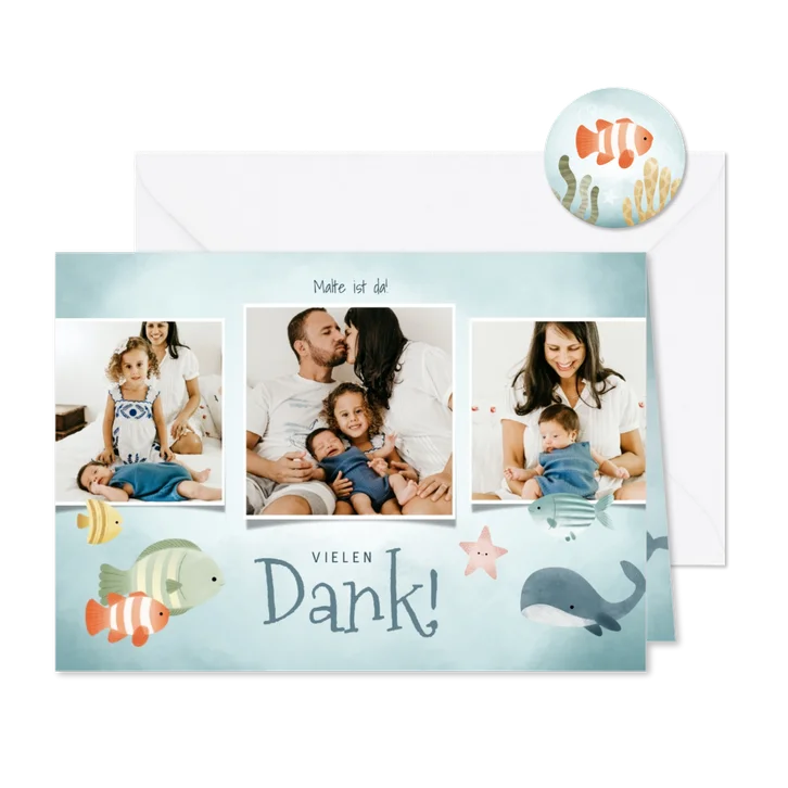 Dankeskarte zur Geburt Fotocollage blaue Unterwasserwelt