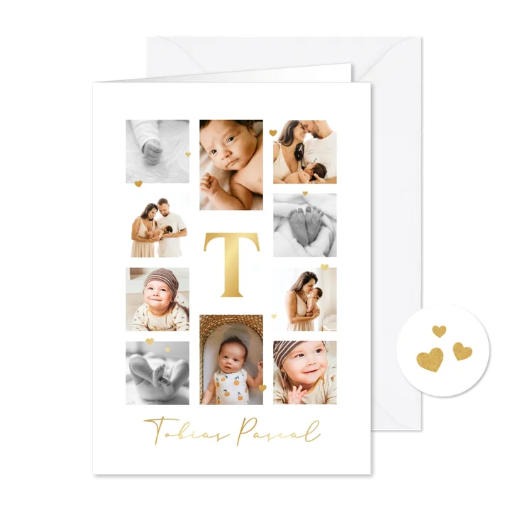 Dankeskarte zur Geburt Fotocollage & Initiale gold