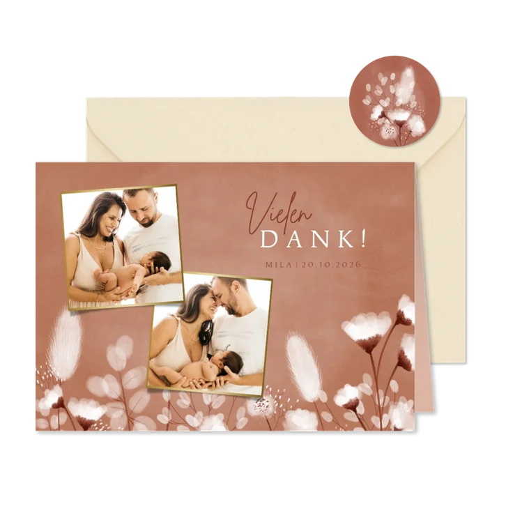 Dankeskarte zur Geburt Fotos & weiße Blumen