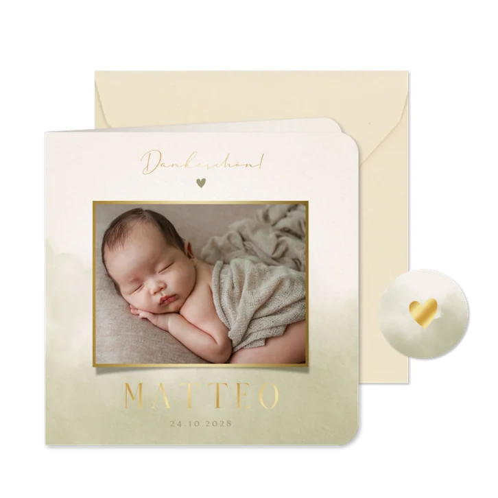 Dankeskarte zur Geburt grünes Aquarell, Foto & Goldschrift