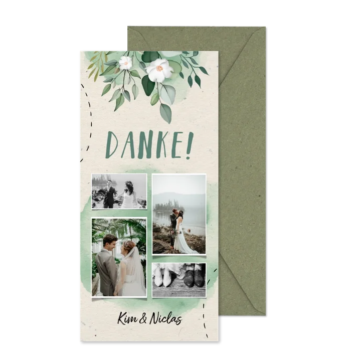 Dankeskarte zur Hochzeit Blumen & Doodles mit Fotos