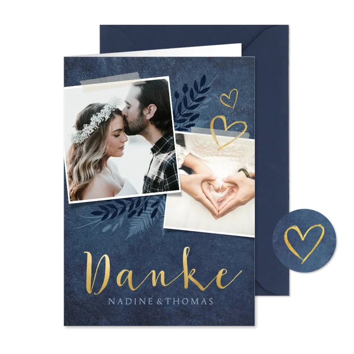 Dankeskarte zur Hochzeit dunkelblau Pflanzen & Foto