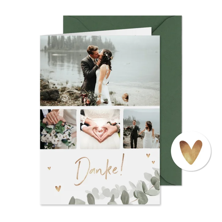 Dankeskarte zur Hochzeit Eukalyptusblatt mit Fotos