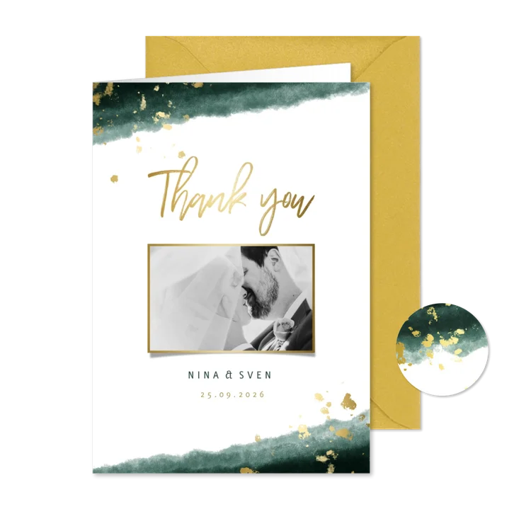 Dankeskarte zur Hochzeit mit Foto in grün und gold