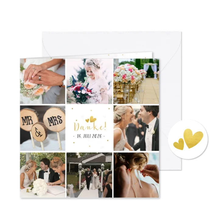 Dankeskarte zur Hochzeit mit Fotocollage und Herzen 