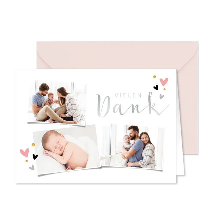 Dankeskarte zur Taufe Fotocollage mit Herzen