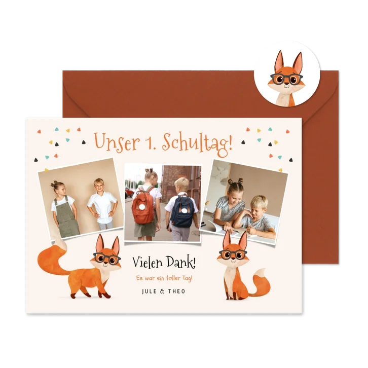 Danksagung 1. Schultag Fotocollage Zwillinge mit Füchsen