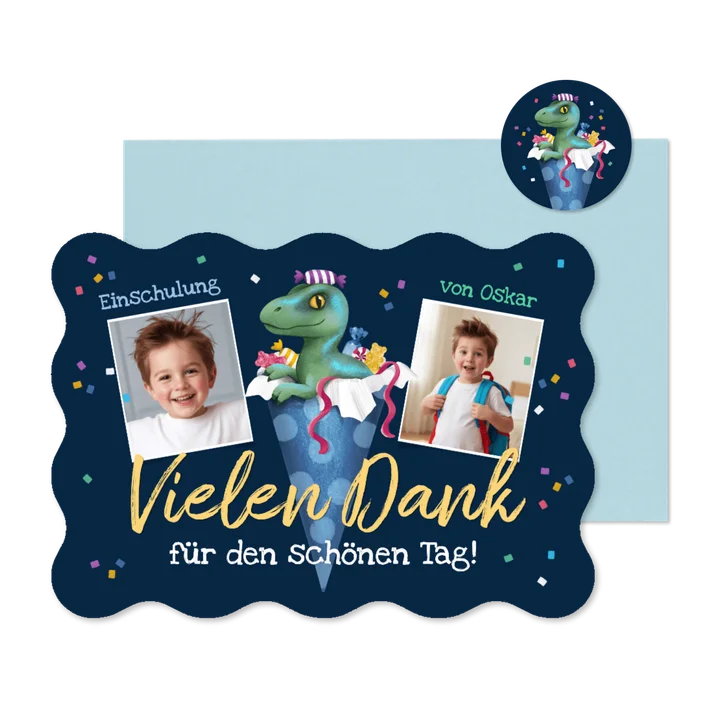 Danksagung 1. Schultag Fotos & Dino Raptor in Schultüte