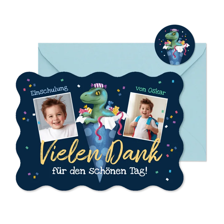 Danksagung 1. Schultag Fotos & Dino Raptor in Schultüte