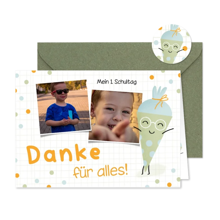 Danksagung Einschulung lustige Schultüte grün