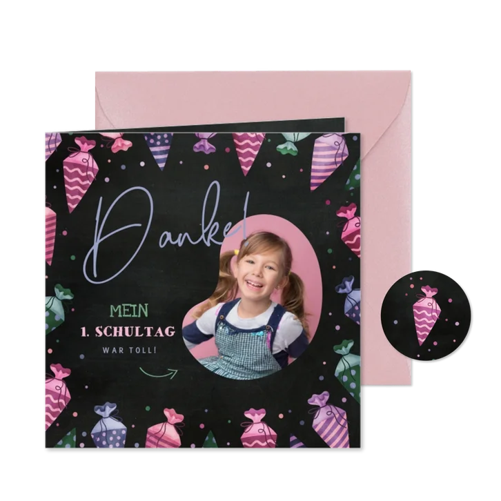 Danksagung Einschulung pinke Schultüte & Foto