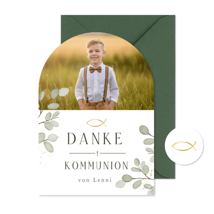 Danksagung Foto-Bogenkarte Kommunion Eukalyptus Ichthys 
