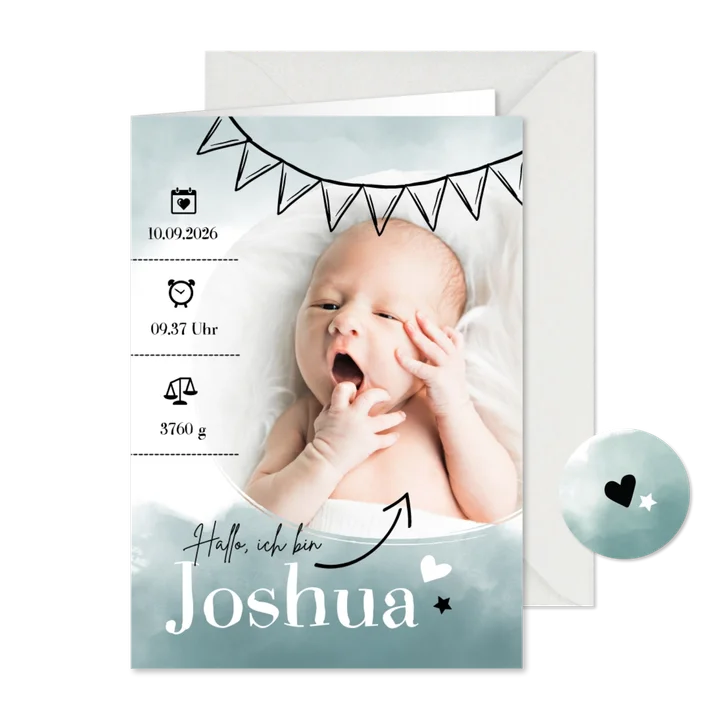 Danksagung Geburt eigenes Foto blaue Wasserfarbe