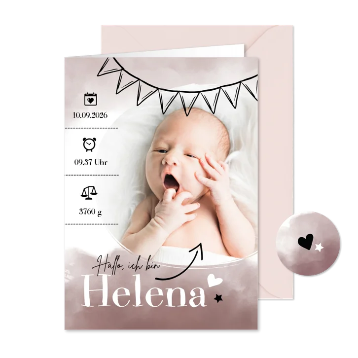 Danksagung Geburt eigenes Foto rosa Wasserfarbe