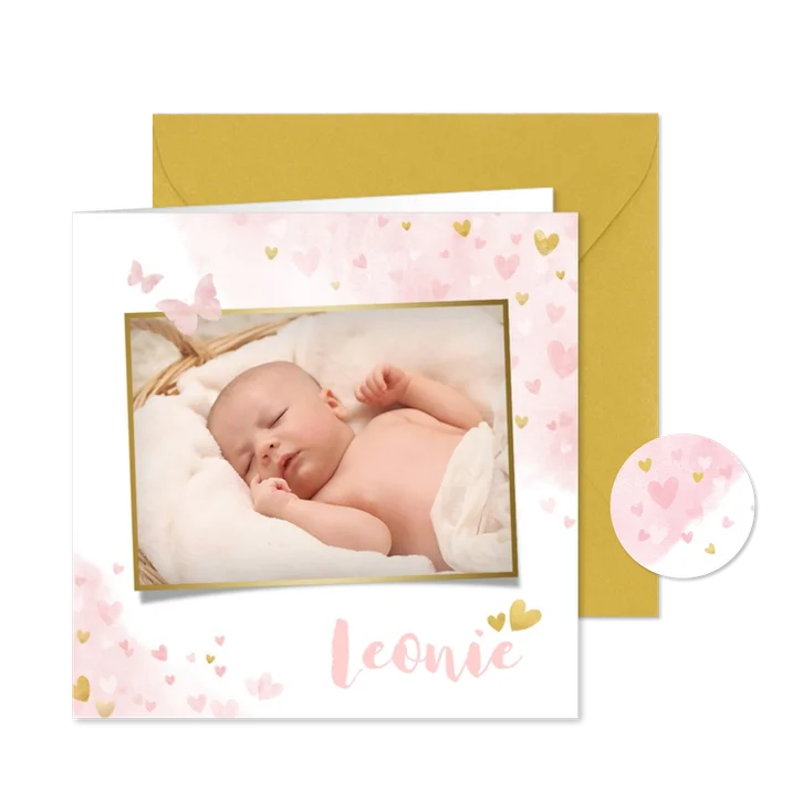 Danksagung Geburt Foto Herzchen auf Wasserfarbe