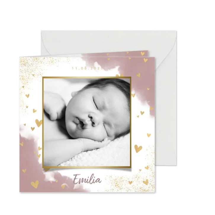 Danksagung Geburt in Aquarelloptik mit Foto & Herzen