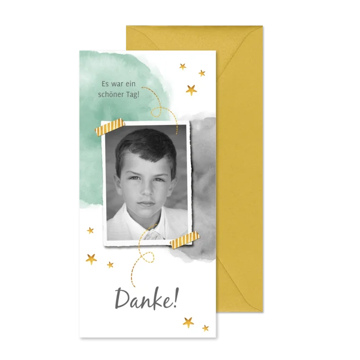 Danksagung Kommunion grüngraue Wasserfarbe & Foto