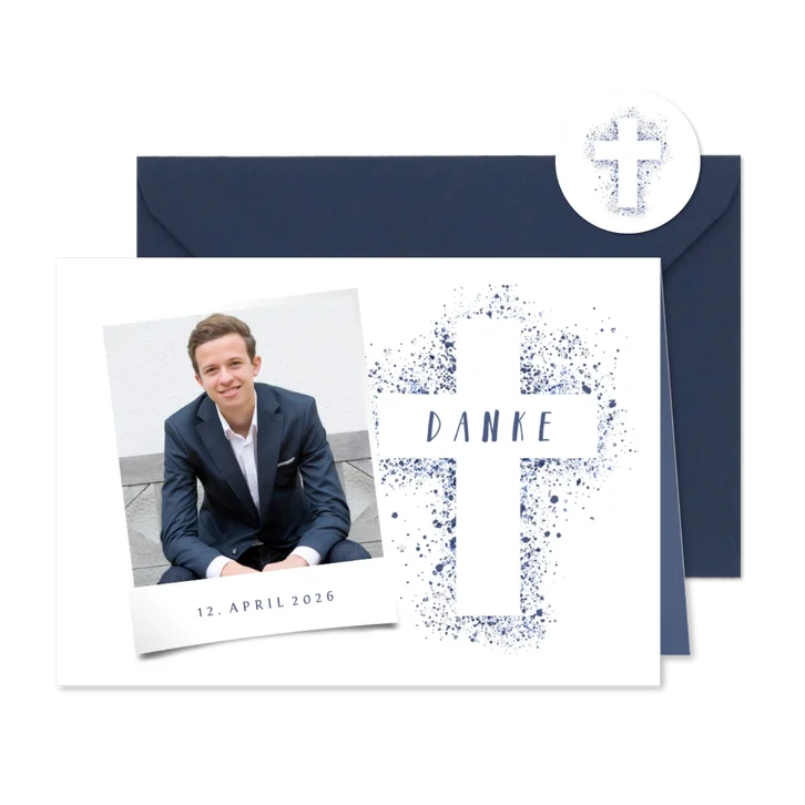 Danksagung Konfirmation eigenes Foto Kreuz Farbspritzer blau
