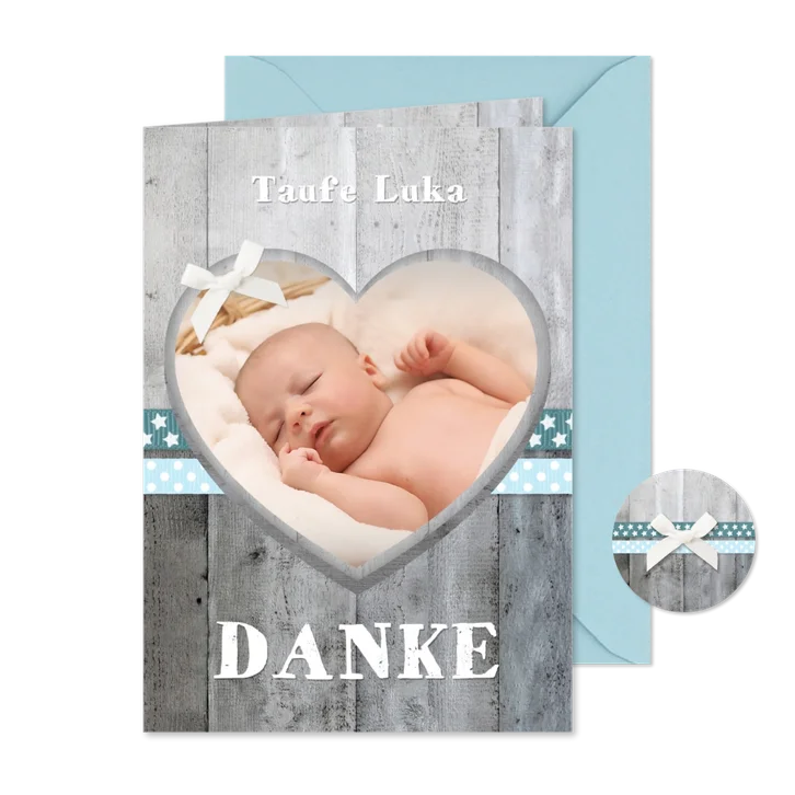 Danksagung Taufe blaue Bänder, Holzlook & Foto