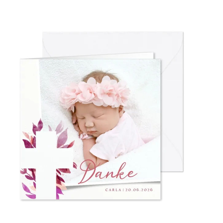 Danksagung Taufe florales Kreuz pink