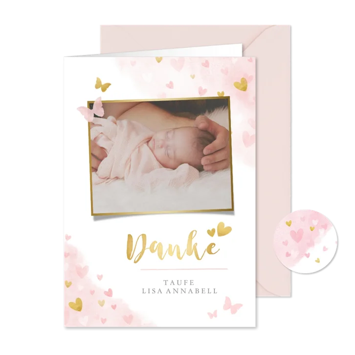 Danksagung Taufe Foto & Herzen auf Aquarell