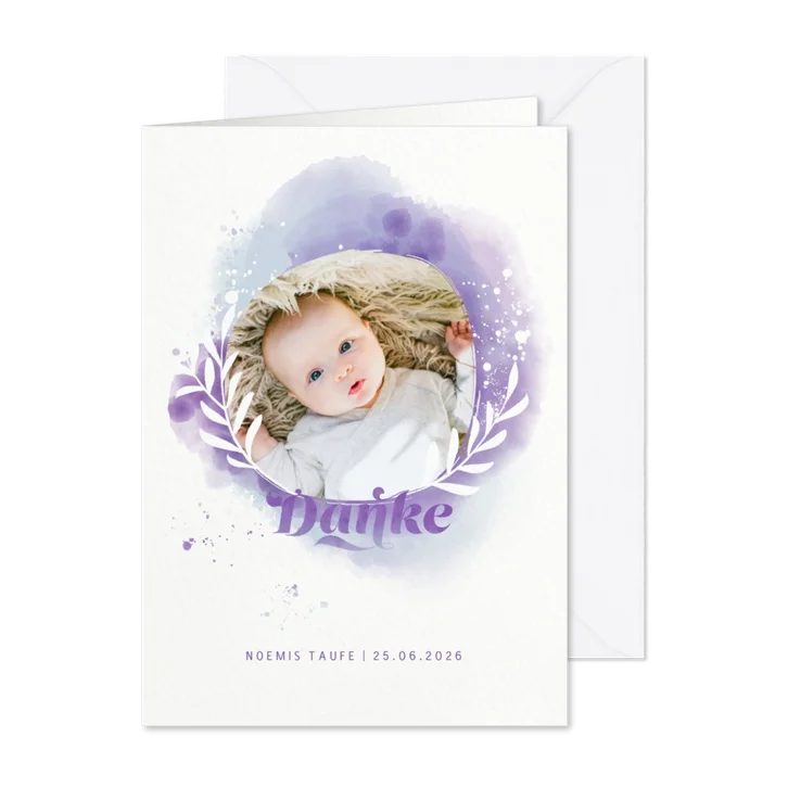 Danksagung Taufe mit Initialen & Wasserfarbe Violett