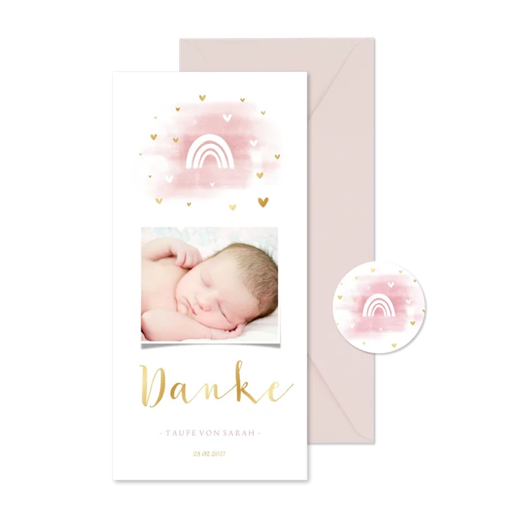 Danksagung Taufe rosa Foto Aquarell Regenbogen