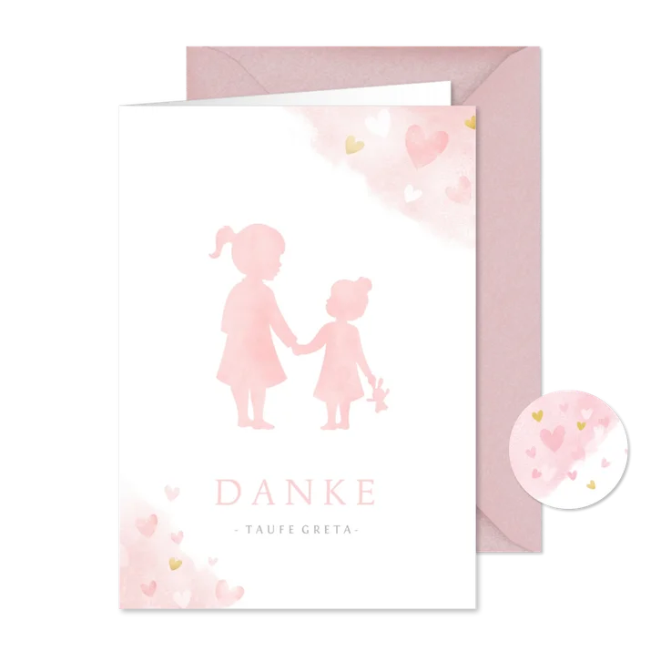 Danksagung Taufe rosa Silhouette kleine & große Schwester