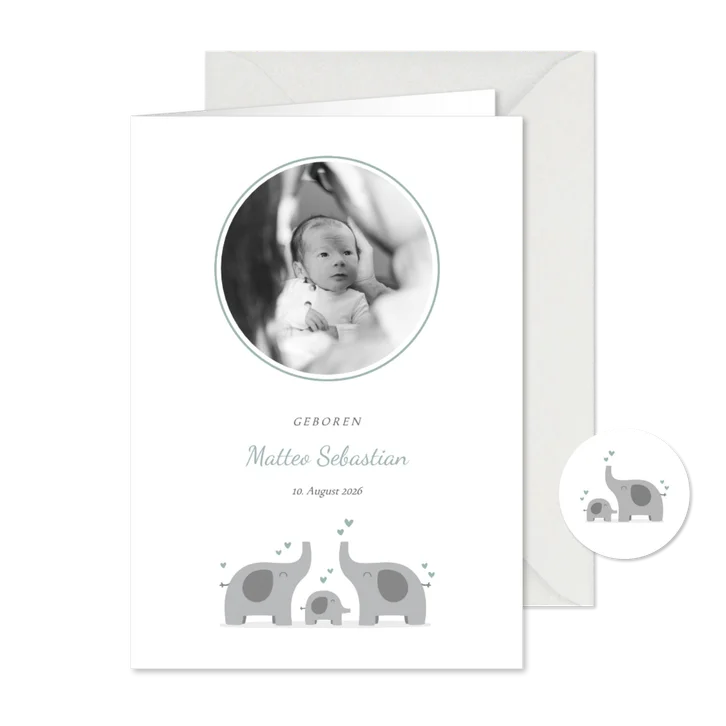 Danksagung zur Geburt Elefanten Foto hellblauer Kreis