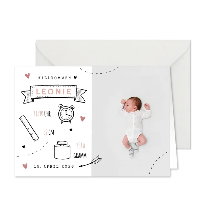 Danksagung zur Geburt Foto und Doodles rosa