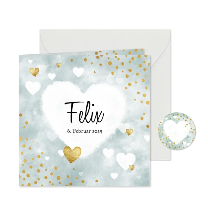 Danksagung zur Geburt Herzen blau & Foto innen